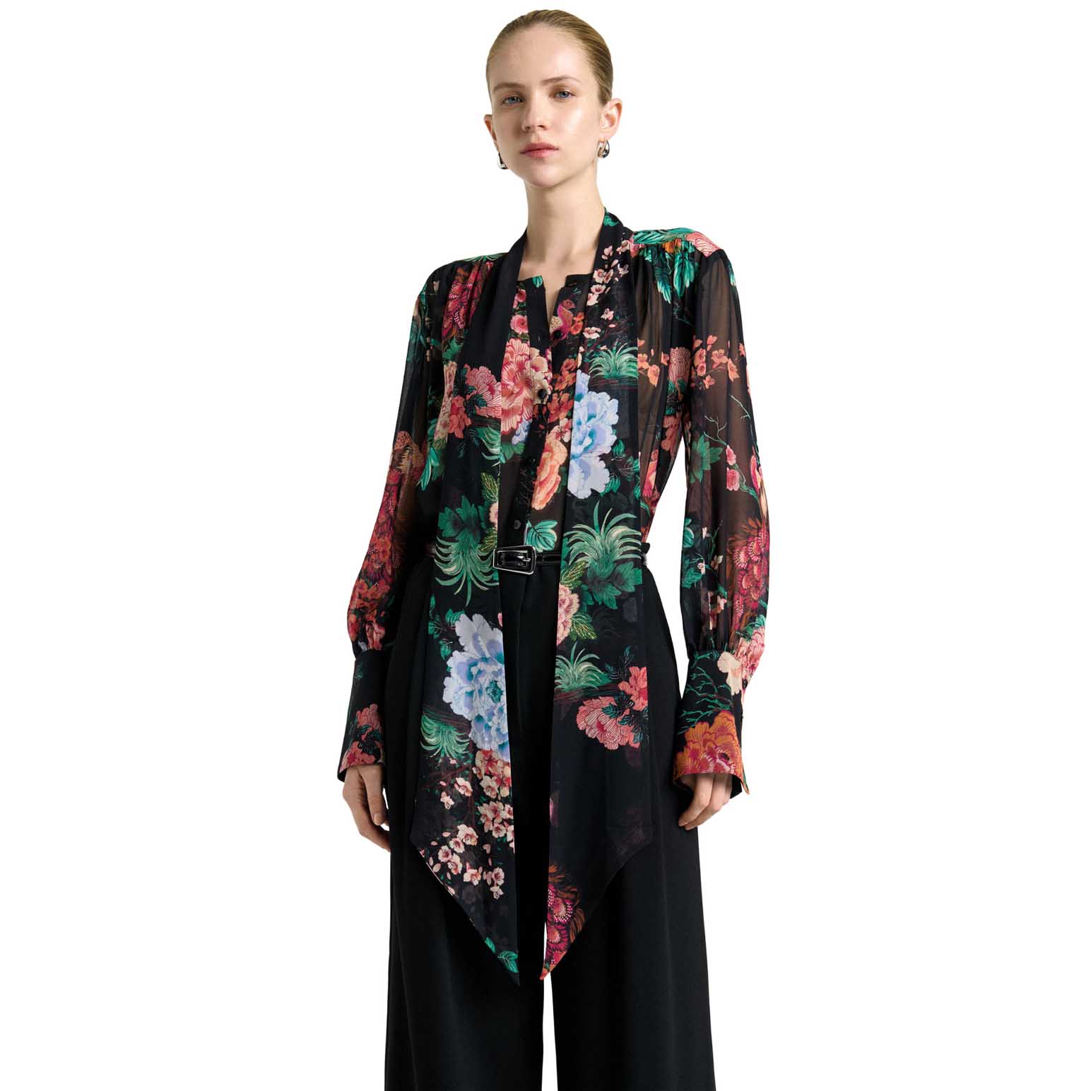 Cue Black Peacock Garden Georgette Tie Neck Blouse